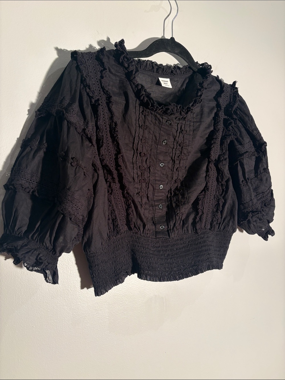 Sunday Best Black Lace Ruffle Puff Sleeve Blouse - Picture 2 of 3